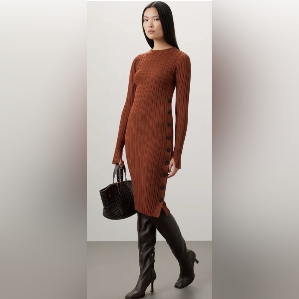 Adam Lippes x RTR Side Button Midi Dress Elegant Brown Ribbed Knit Dress